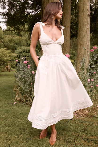 white pin tuck cotton midi sundress