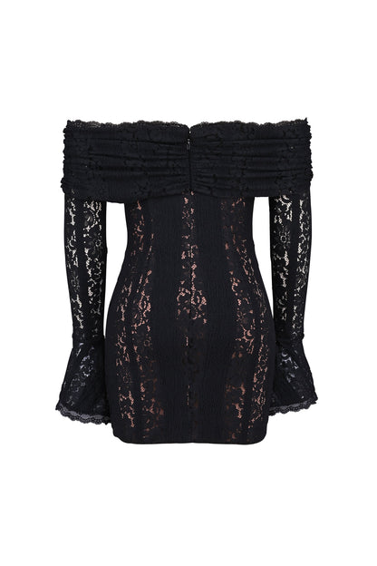 black floral lace off shoulder mini dress