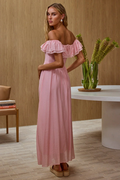 Serinah Basque Waist Off-Shoulder Maxi Dress Pink