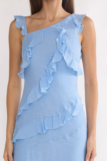 Arrabel Asymmetric Hem Ruffle Maxi Dress Pale Blue