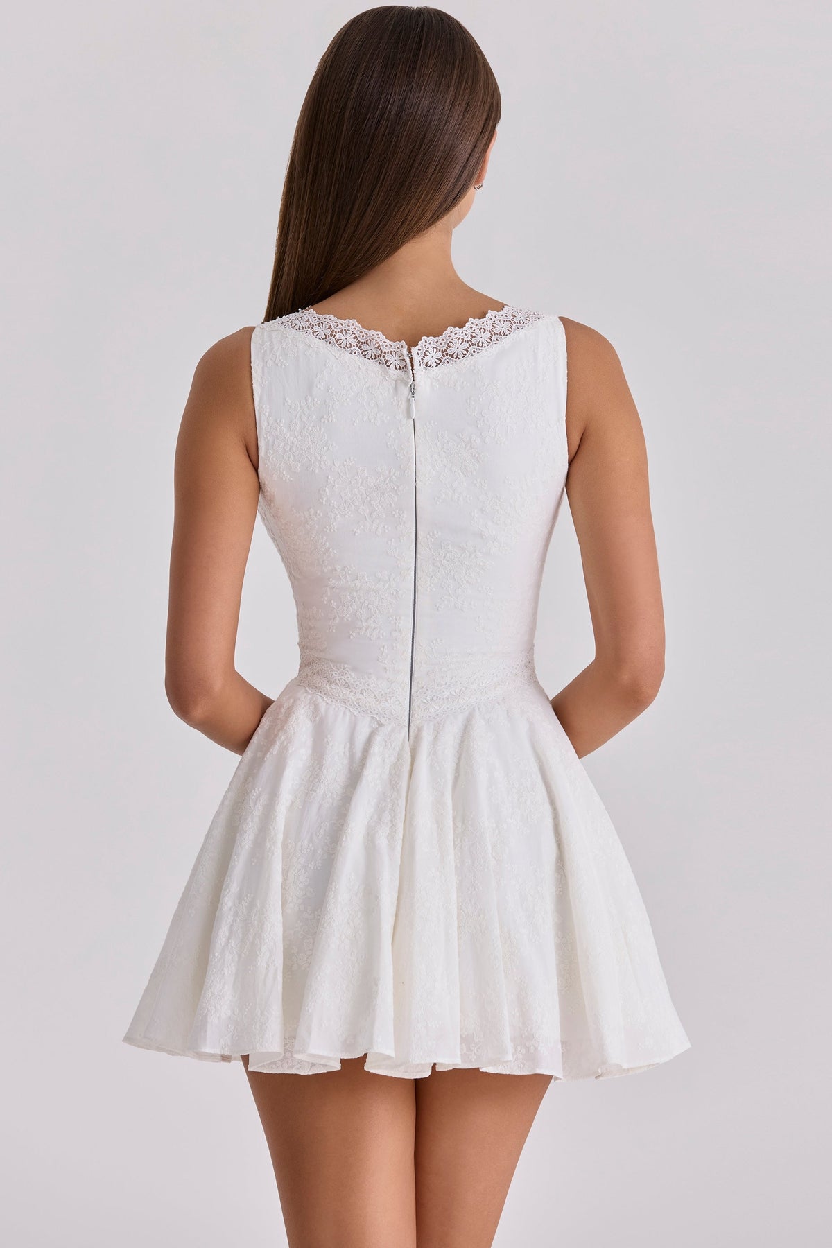 white embroidered cotton lace trim mini dress