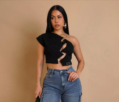 Edgy Hooked Cut-Out Crop Top - Black