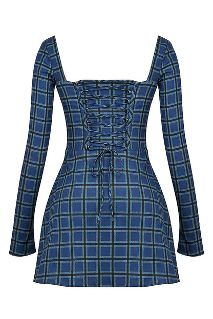 blue tartan corset mini dress