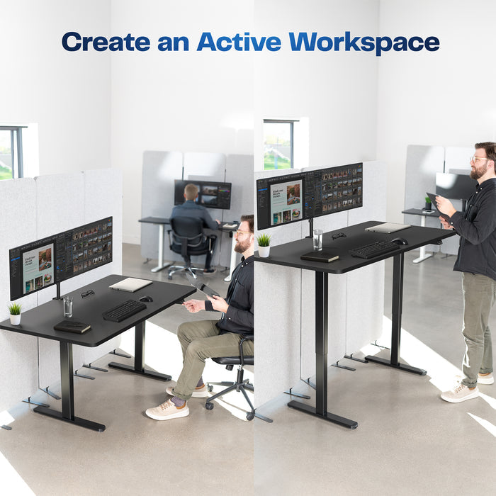 Sturdy steel desk frame shown with a separate top in a modern office space