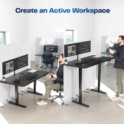 Sturdy steel desk frame shown with a separate top in a modern office space