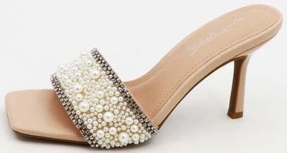 Elegant Pearl Slide Sandals – Nude Heeled Women’s Slides