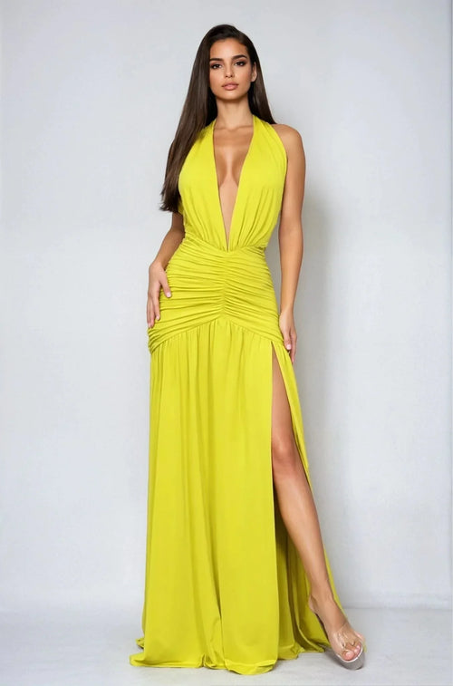 Elysian Plunge Halter Gown – Chartreuse Ruched Slit Maxi Dress