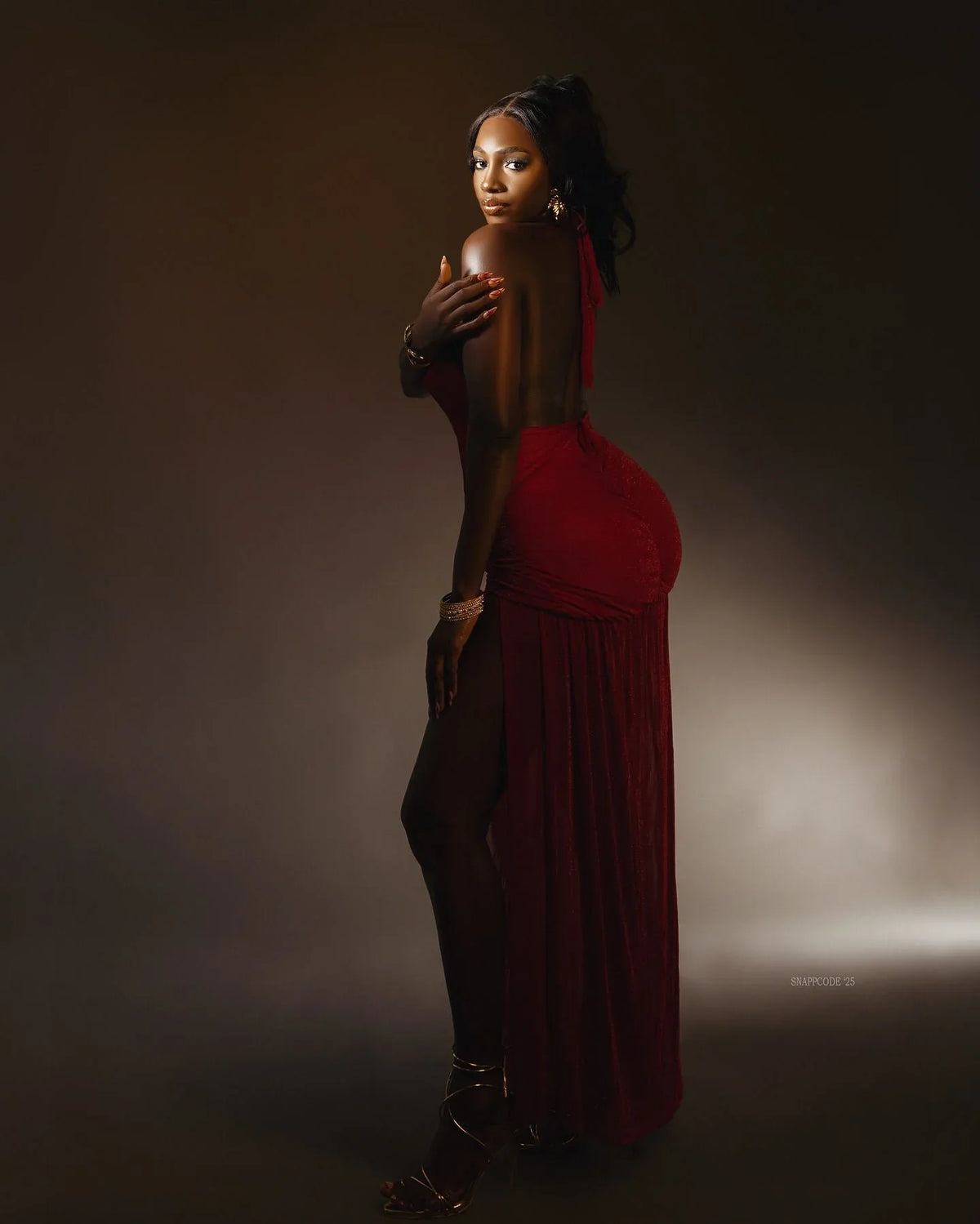 Elysian Red Plunge Gown with Ruched Waist & High Slit