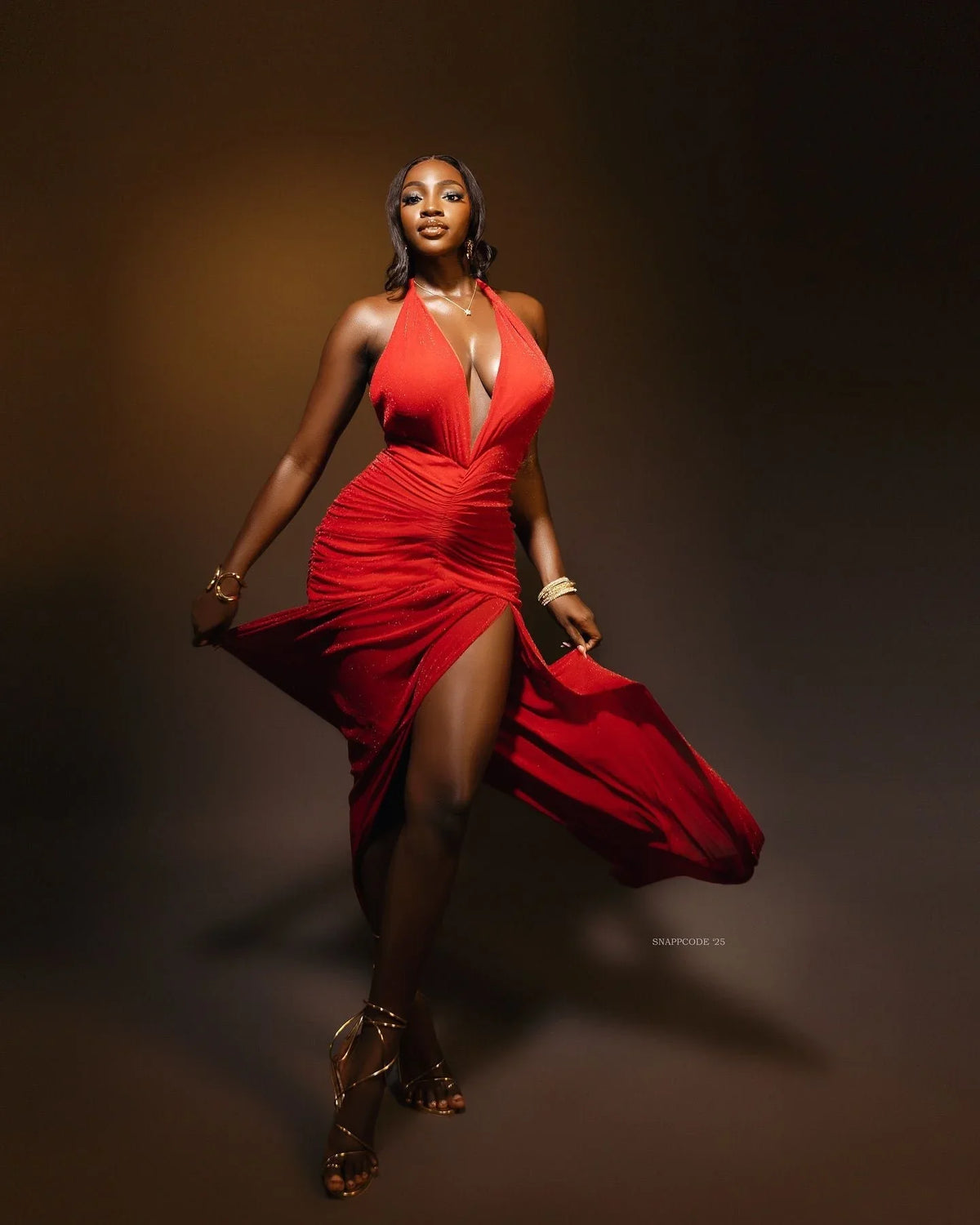 Elysian Red Plunge Gown with Ruched Waist & High Slit