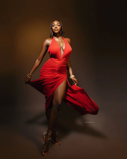 Elysian Red Plunge Gown with Ruched Waist & High Slit