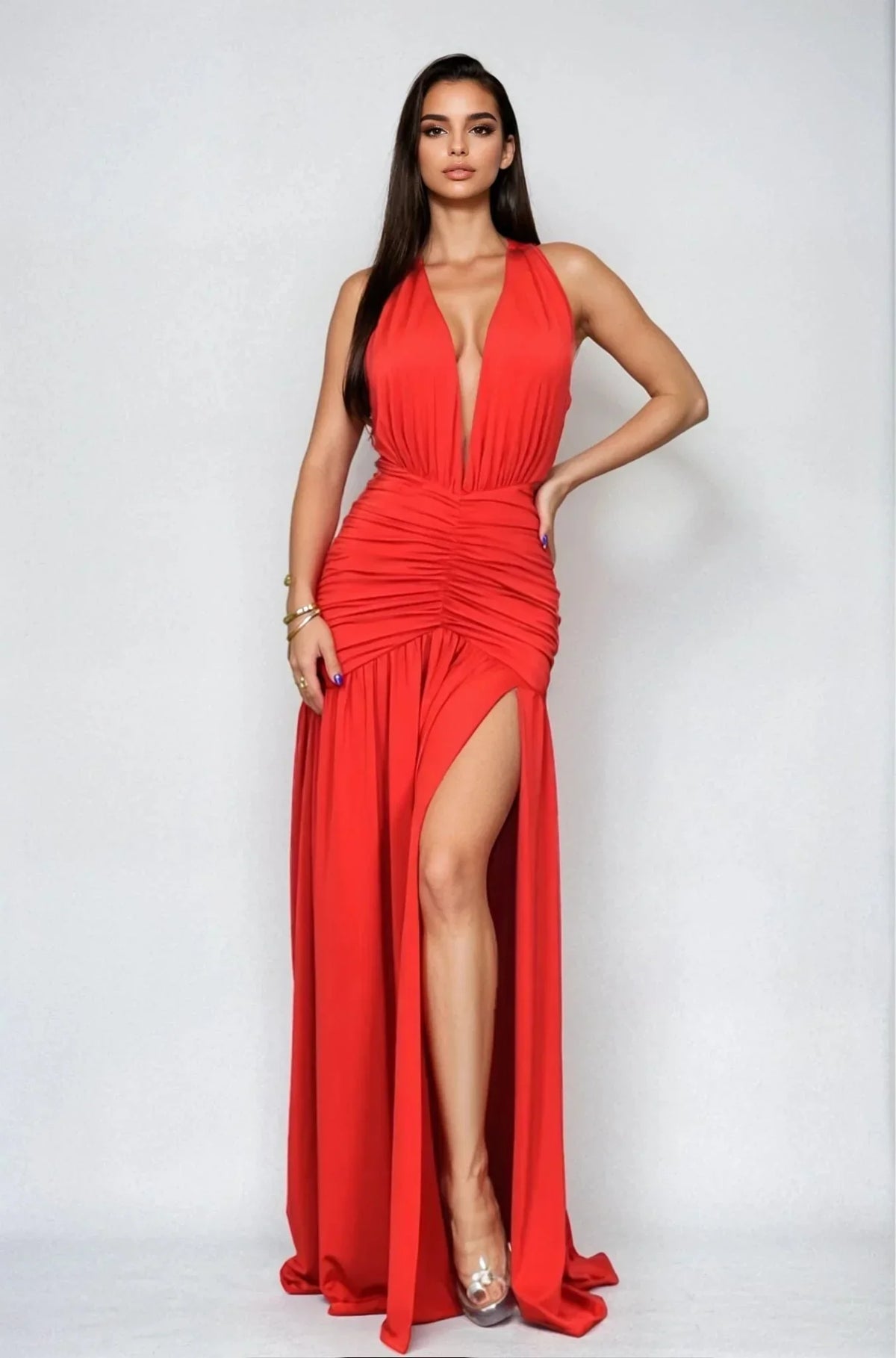 Elysian Red Plunge Gown with Ruched Waist & High Slit