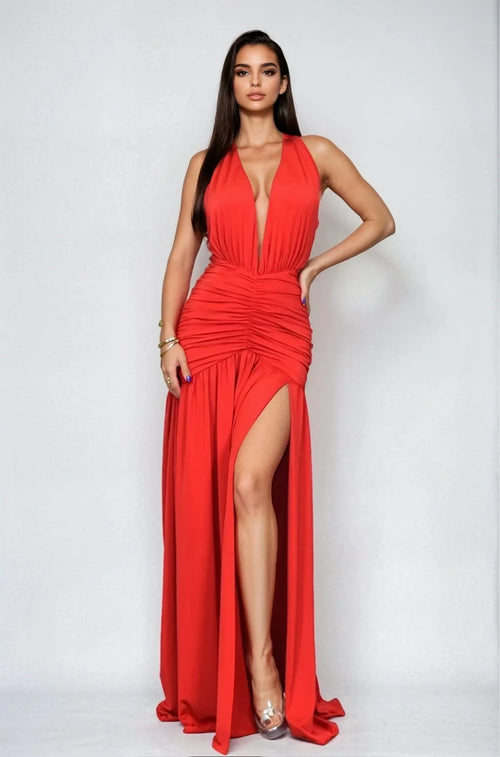 Elysian Red Plunge Gown with Ruched Waist & High Slit
