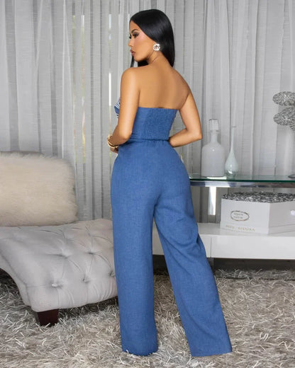 Embroidered GeoMuse Strapless Jumpsuit - Denim