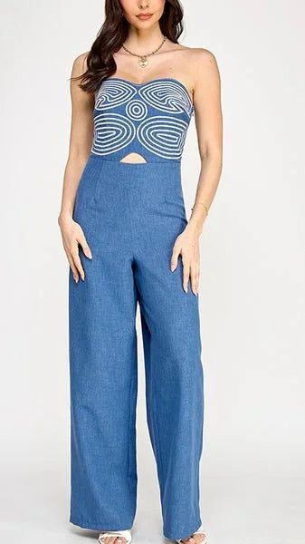 Embroidered GeoMuse Strapless Jumpsuit - Denim