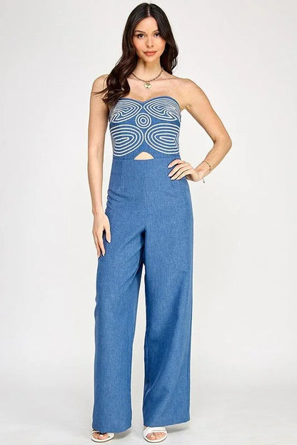 Embroidered GeoMuse Strapless Jumpsuit - Denim