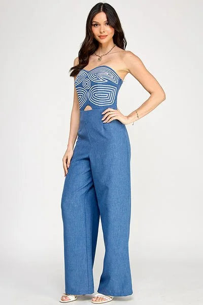 Embroidered GeoMuse Strapless Jumpsuit - Denim