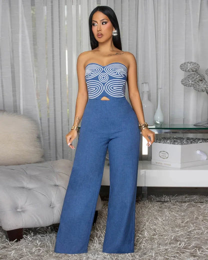Embroidered GeoMuse Strapless Jumpsuit - Denim