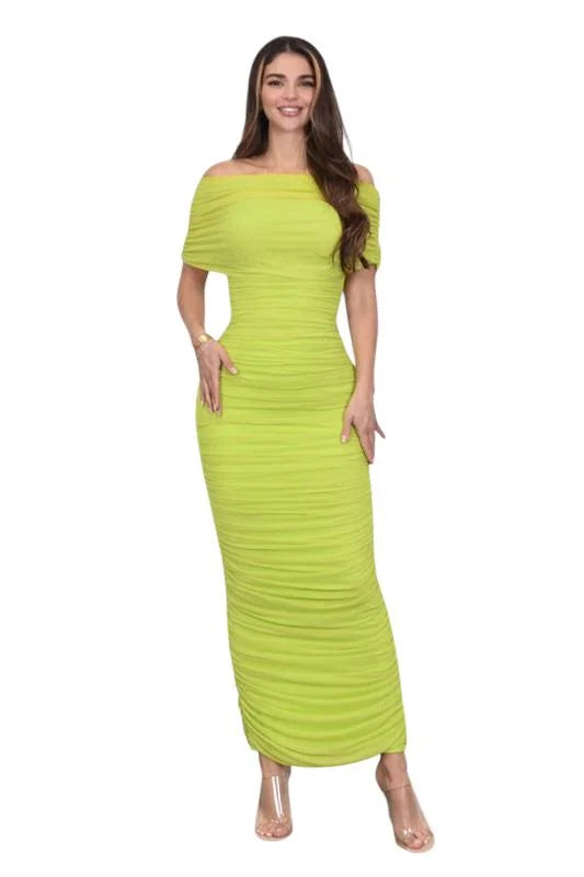 Enchanted Allure Ruched Off-Shoulder Maxi Dress - Lime Green