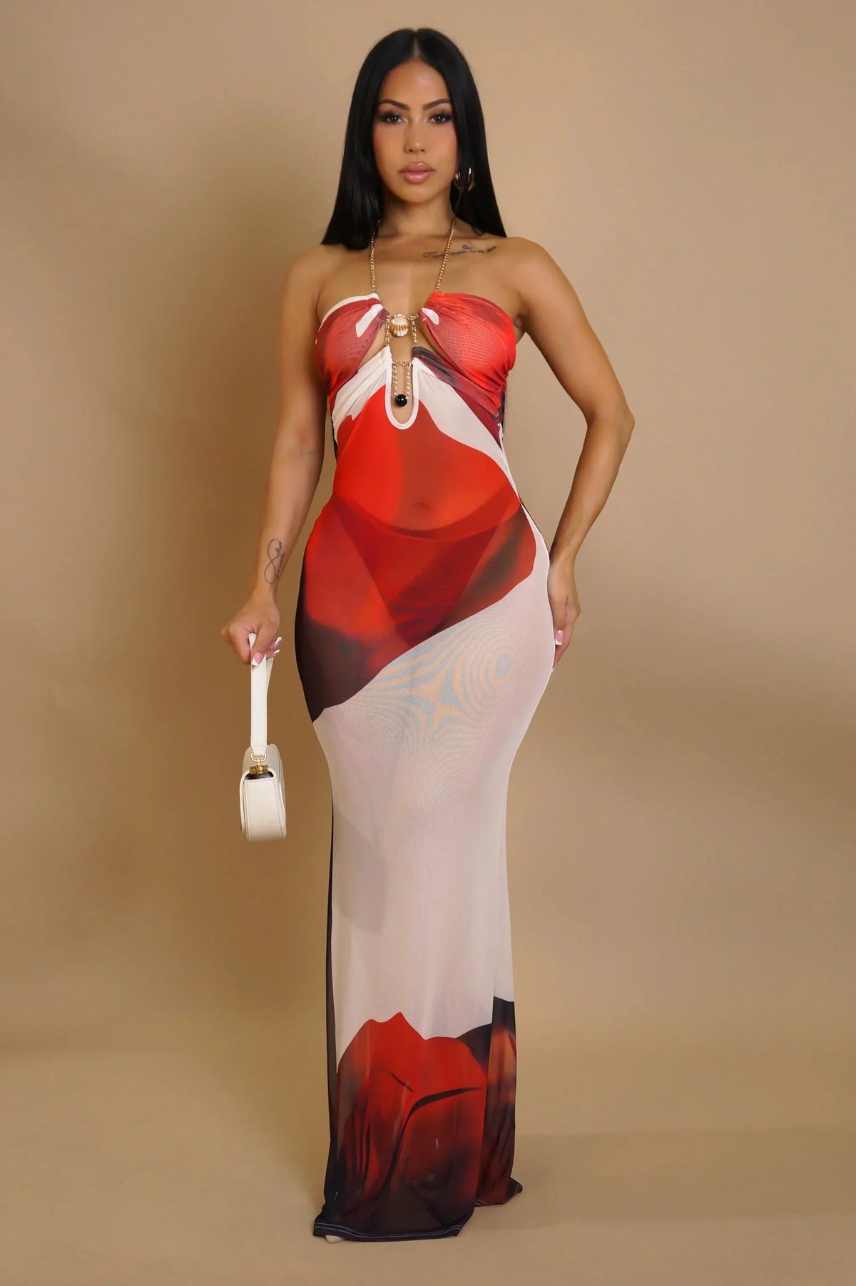 Enchanted Bloom Mesh Maxi Dress - RED/ Off White