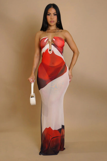 Enchanted Bloom Mesh Maxi Dress - RED/ Off White
