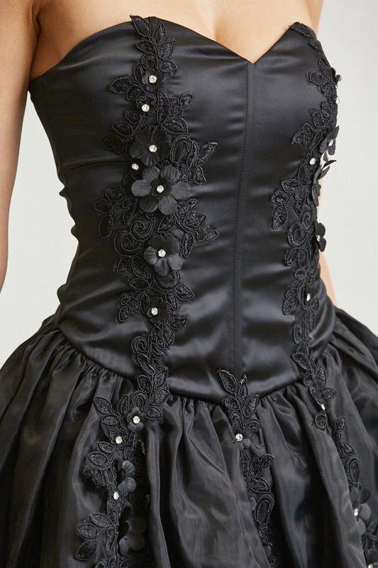 Enchanted Bloom Organza Bubble Mini Dress - Black