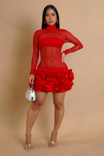 Enchanted Bloom Sheer Mini Dress- Red