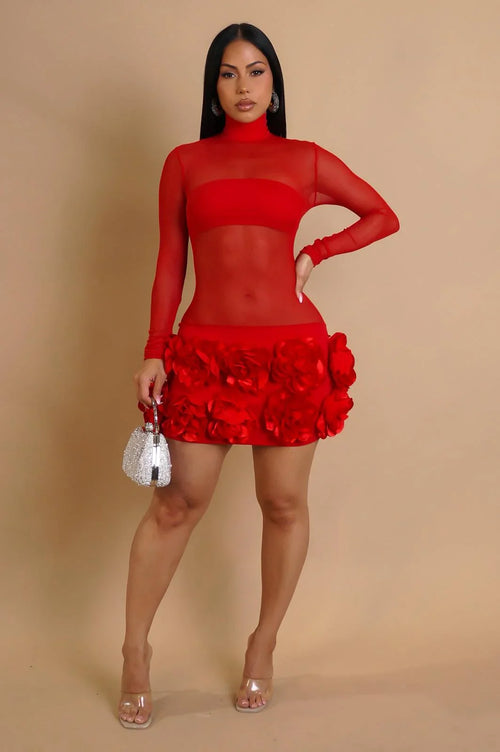 Enchanted Bloom Sheer Mini Dress- Red