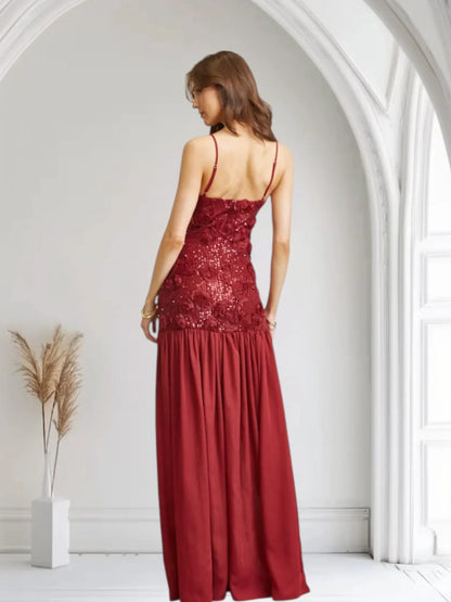Enchanted Rosette Burgundy Sequin Gown with Chiffon Skirt