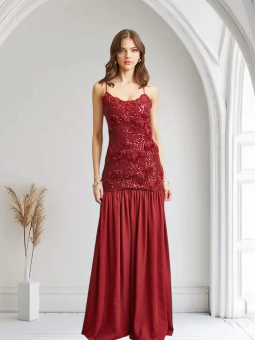 Enchanted Rosette Burgundy Sequin Gown with Chiffon Skirt