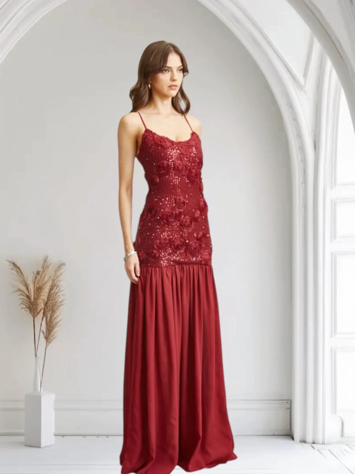 Enchanted Rosette Burgundy Sequin Gown with Chiffon Skirt