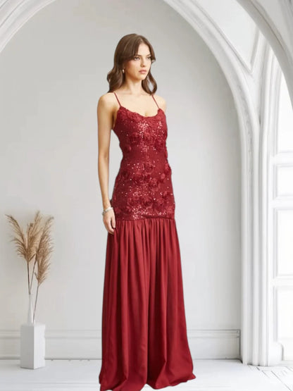 Enchanted Rosette Burgundy Sequin Gown with Chiffon Skirt