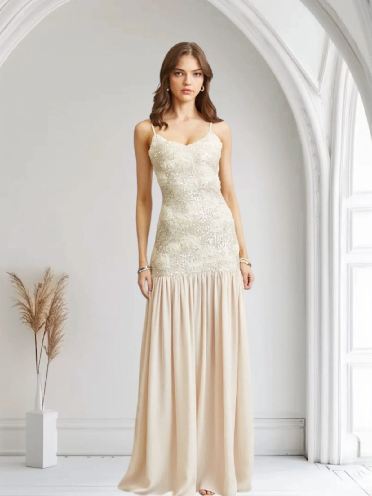 Enchanted Rosette Sequin Gown - Champagne