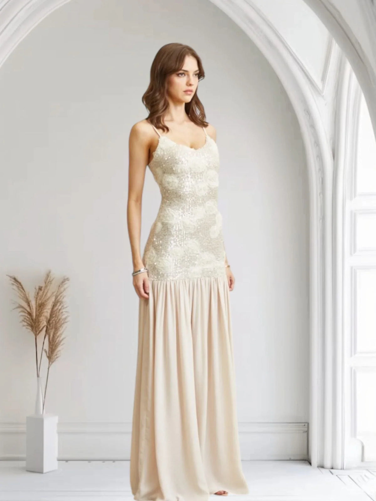 Enchanted Rosette Sequin Gown - Champagne