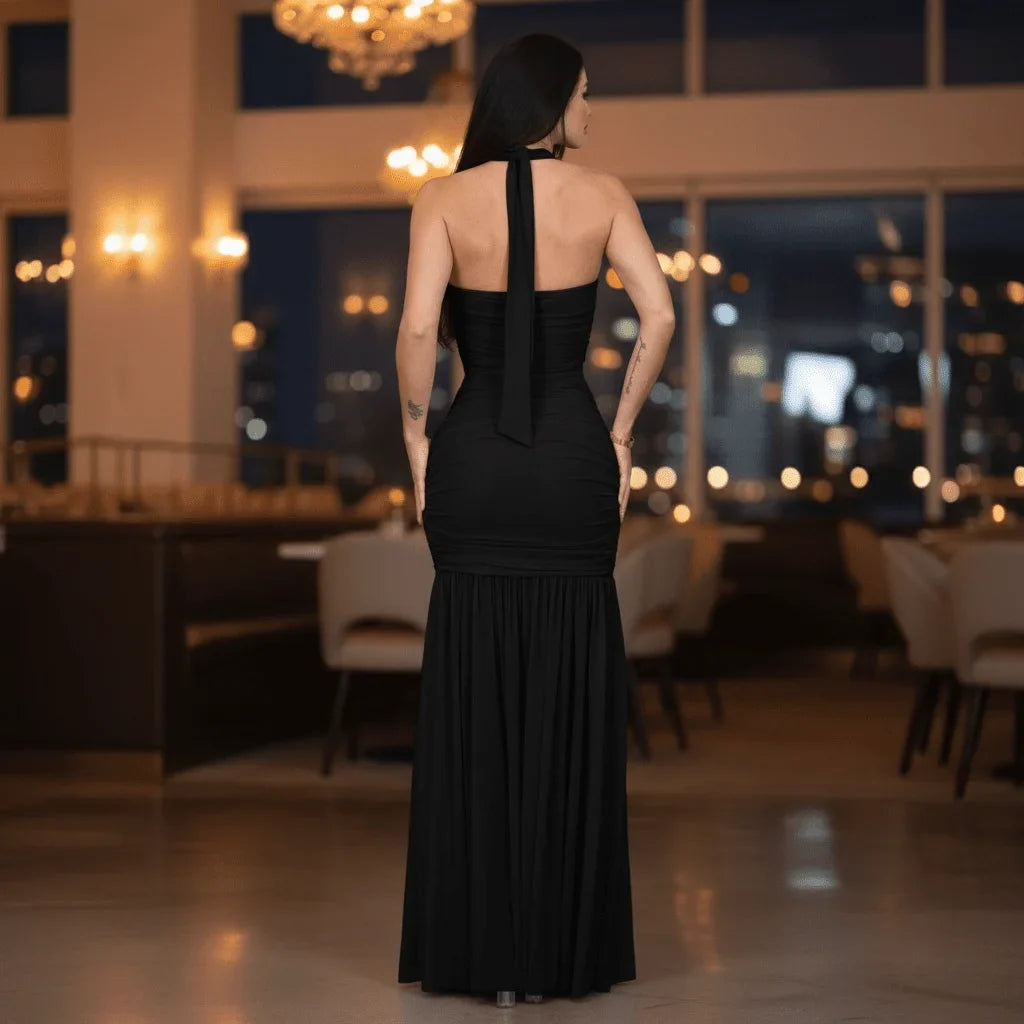 Eternal Allure Ruched Halter Maxi Dress - Black