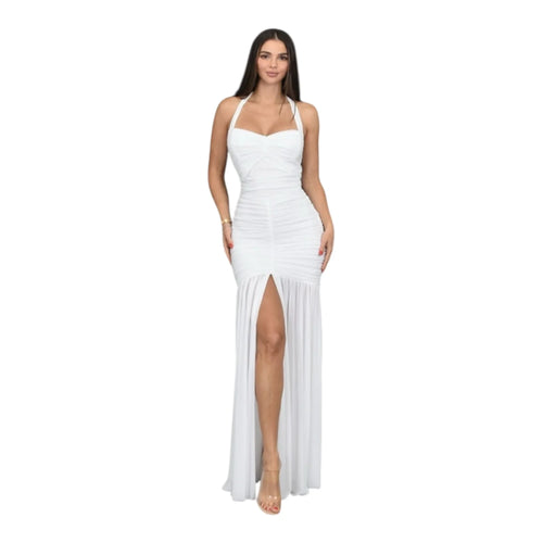 Eternal Allure Ruched Halter Maxi Dress - White