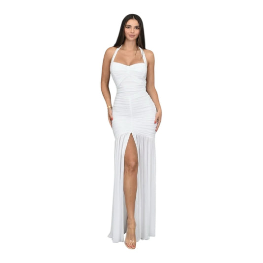 Eternal Allure Ruched Halter Maxi Dress - White