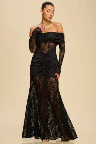 Eternal Lace Contrast Off-Shoulder Maxi Dress- Black