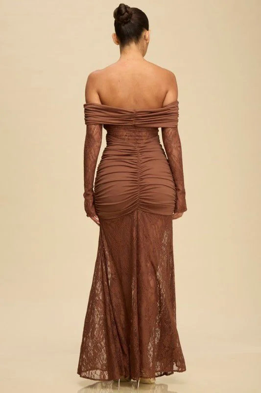 Eternal Lace Contrast Off-Shoulder Maxi Dress- Brown