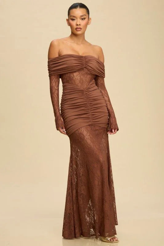 Eternal Lace Contrast Off-Shoulder Maxi Dress- Brown