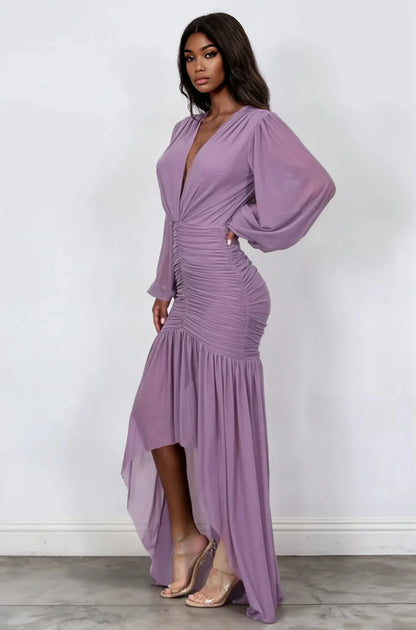 Ethereal Allure Ruched High-Low Gown - Dusty Wineberry