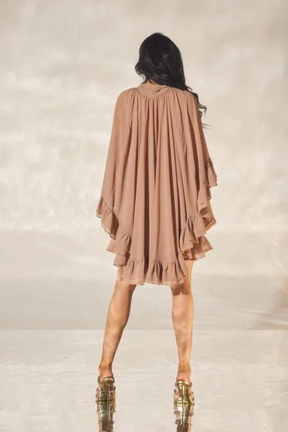 Ethereal Bloom Ruffle Dress - Brown