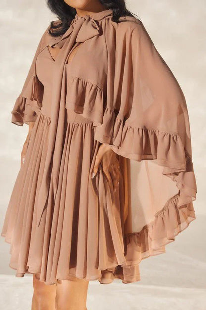 Ethereal Bloom Ruffle Dress - Brown