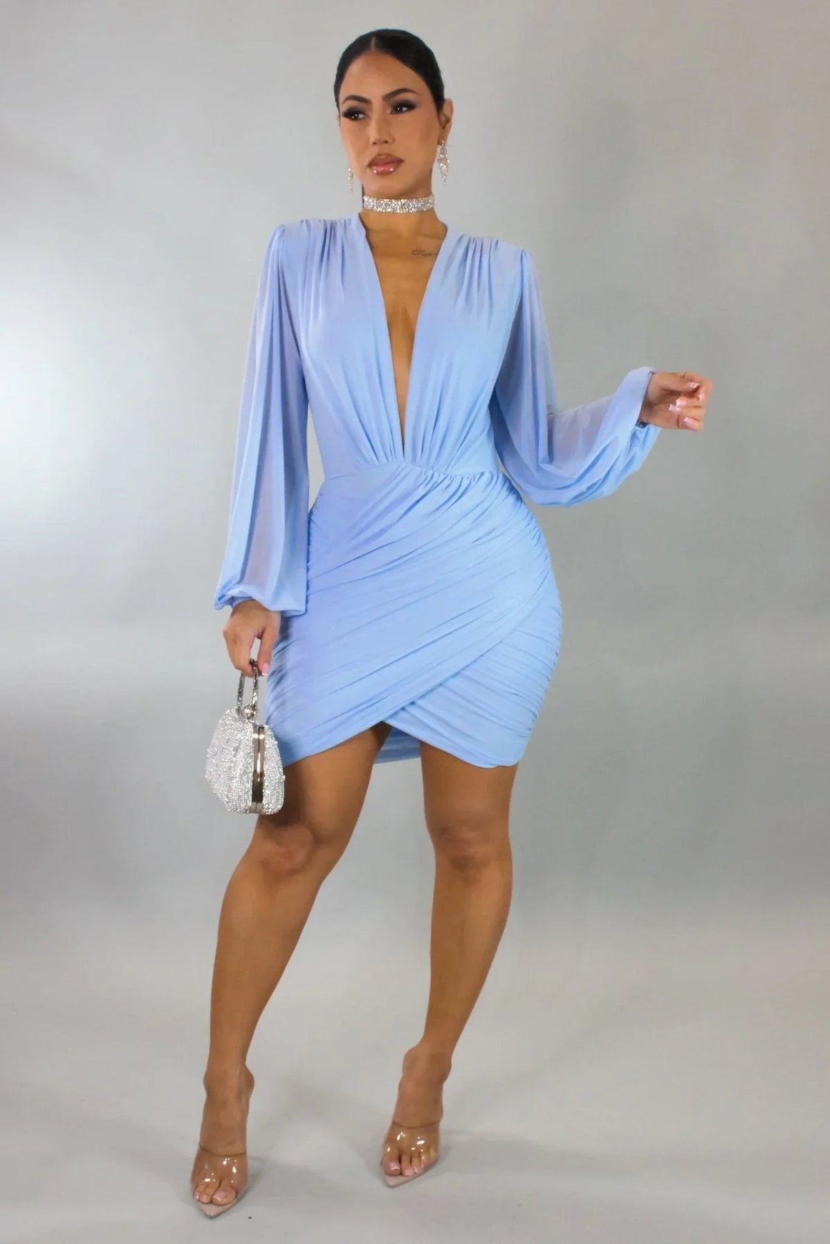 Ethereal Elegance Long Sleeve Mini Dress (Baby Blue)