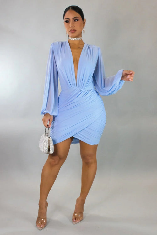Ethereal Elegance Long Sleeve Mini Dress (Baby Blue)