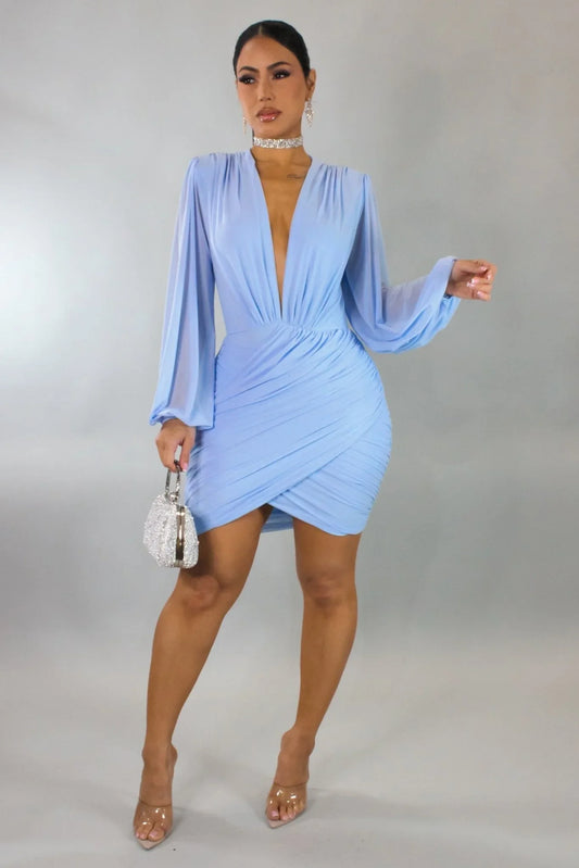 Ethereal Elegance Long Sleeve Mini Dress (Baby Blue)