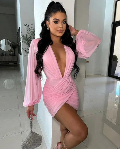 Ethereal Elegance Long Sleeve Mini Dress (Baby Pink)