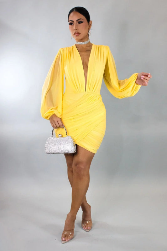 Ethereal Elegance Long Sleeve Mini Dress- Yellow