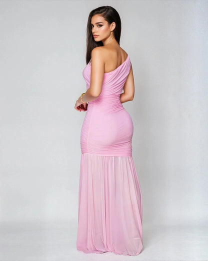 Ethereal Grace Ruched Mesh Asymmetric Maxi Dress -  Pink