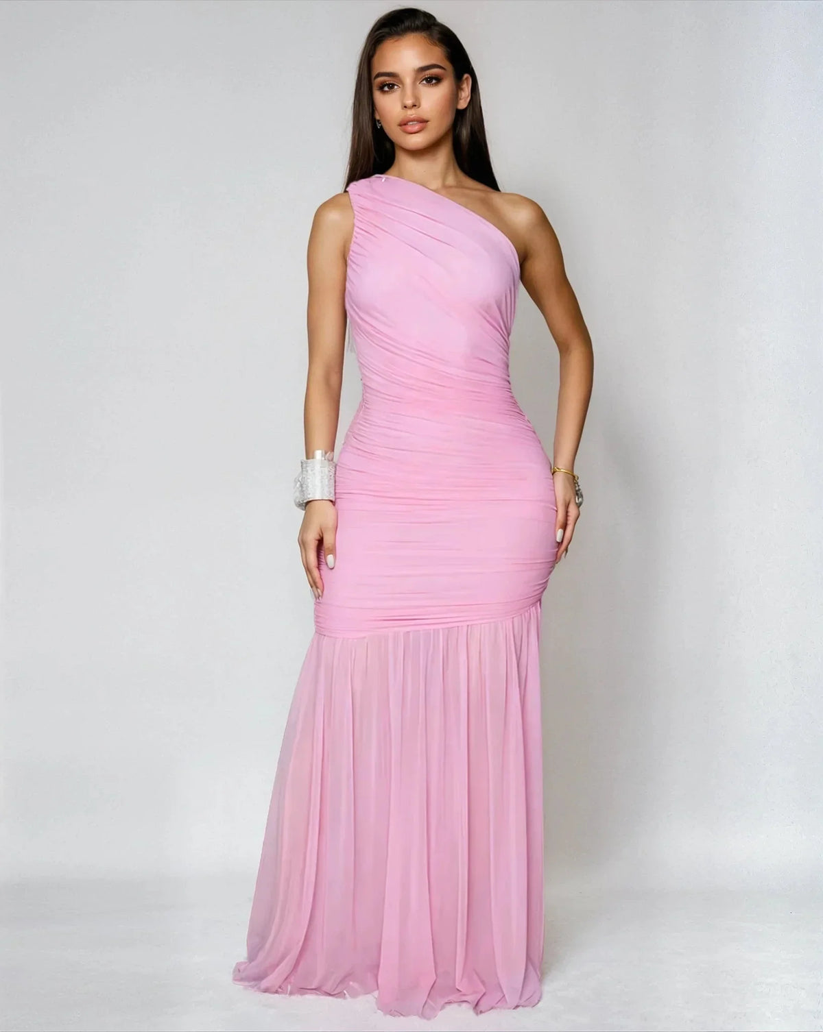 Ethereal Grace Ruched Mesh Asymmetric Maxi Dress -  Pink