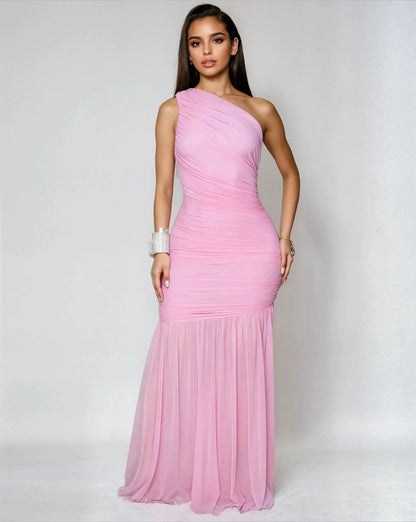 Ethereal Grace Ruched Mesh Asymmetric Maxi Dress -  Pink